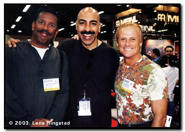 Munyungo Jackson (L), with Lionel Ritchie Percussionist, Kevin Ricard (C) and "Chicago" Drummer Tres Imboden (R)